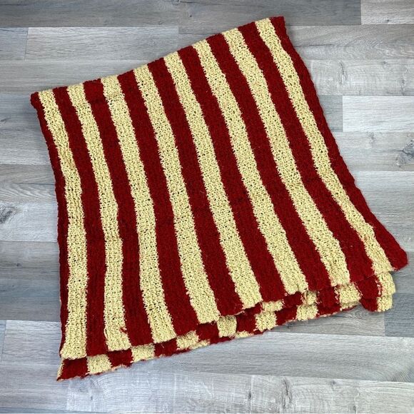 Striped Boucle Knit Afghan Blanket Red Beige Boho 58 x 58 - Picture 7 of 7
